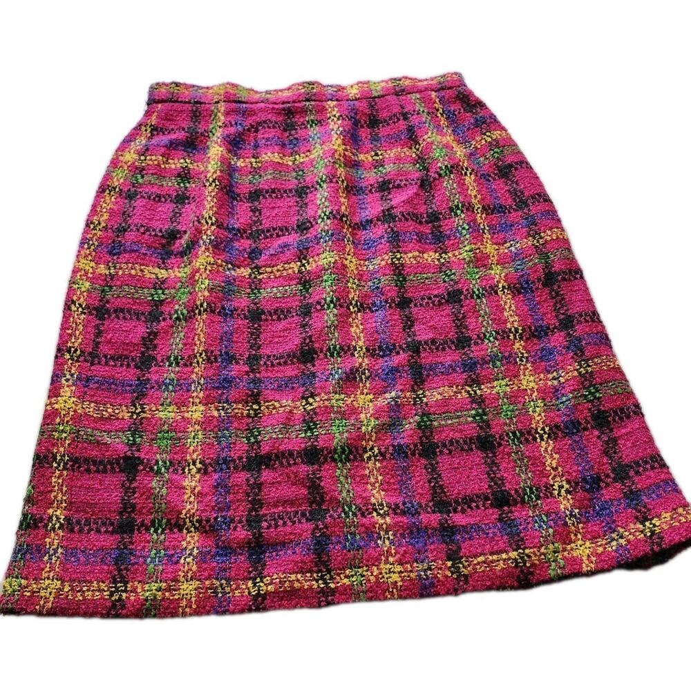 Vintage J McLaughlin‎ Pencil Skirt Size 12 Pink Plaid Wool Blend Retro Lined